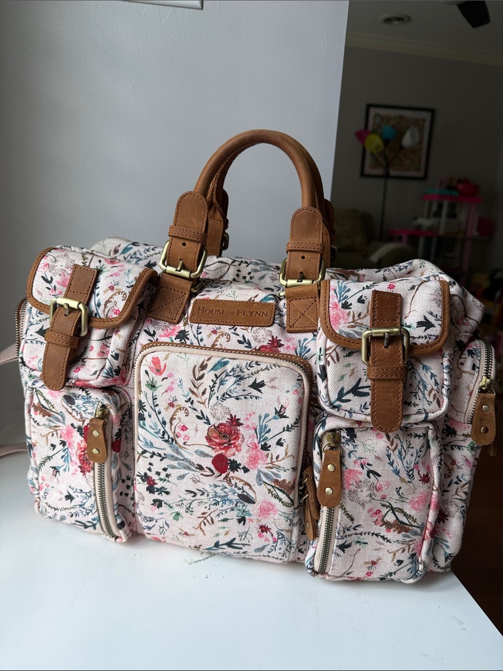 House of Flynn Evermore Pink Floral Baby Bag/Pro Camera bag with Tan Trim - Picture 2 of 9